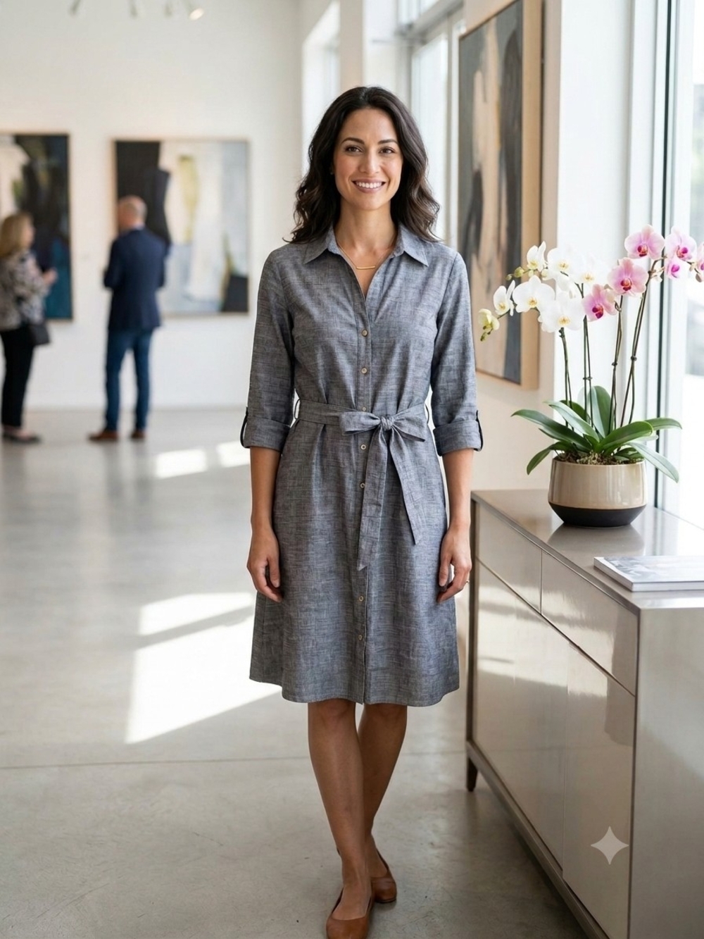 Sharagano Gray Button-Front Shirt Dress with Tie Belt New Whithout Label